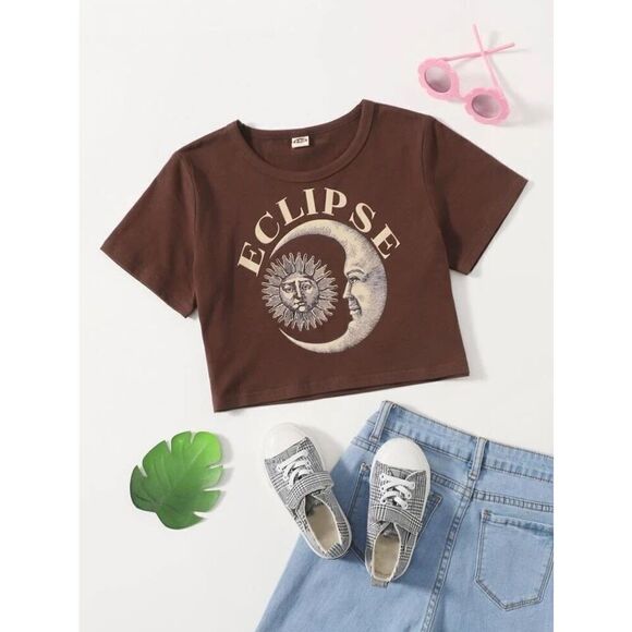 No Brand Tops - Youth Girls Eclipse Celestial Moon Sun Crop Graphic Tee Shirt Top - Sz 14/16